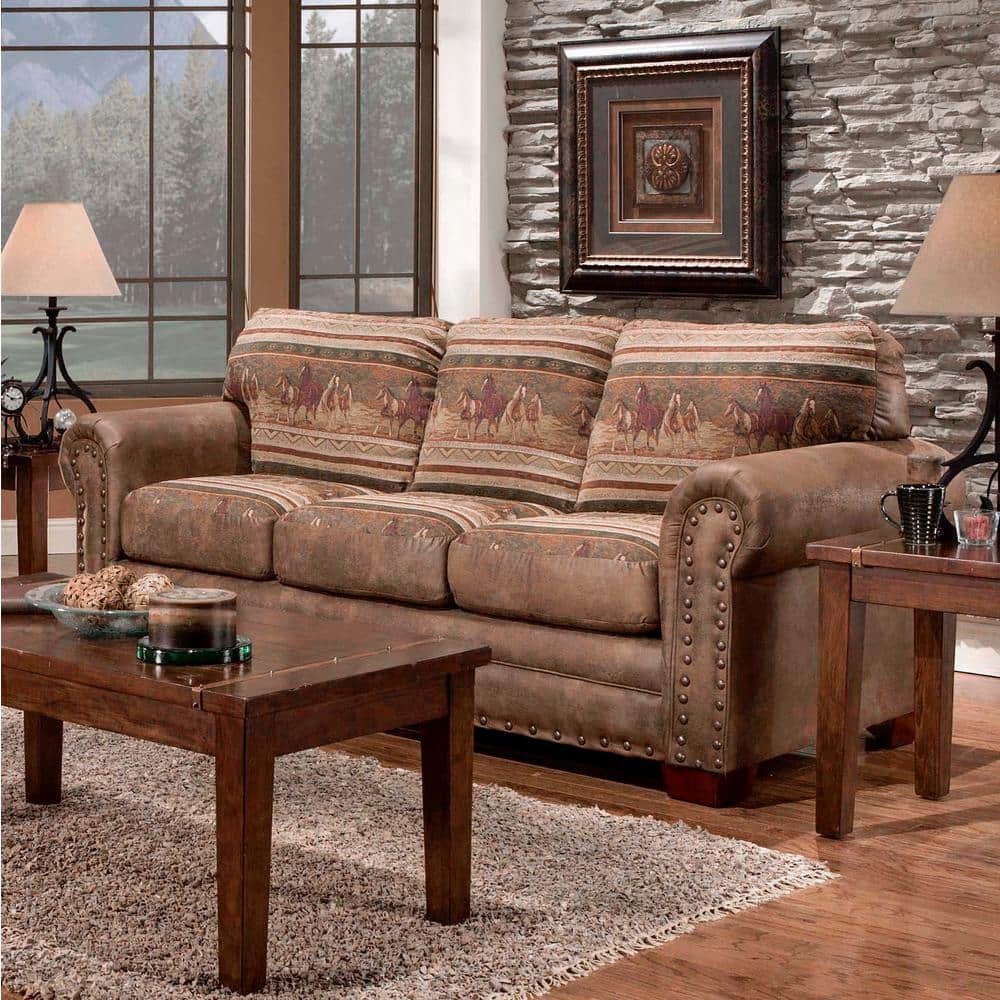 89" Brown Faux Leather Wild Horses Tapestry Sofa with Nailhead Trim