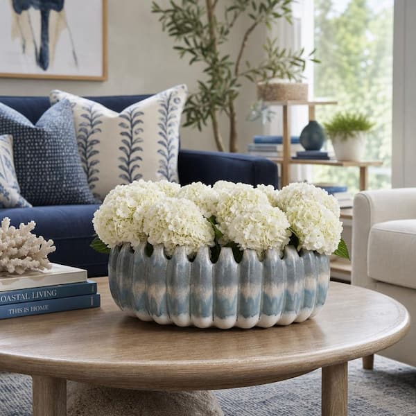 9 in. Blue Sculptural Ribbed Ceramic Bowl