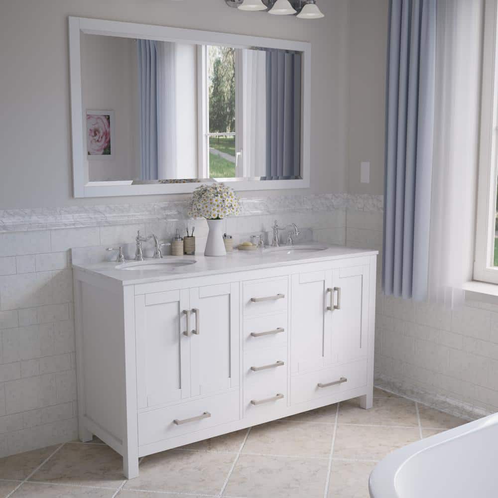 White Freestanding Double Vanity with Brushed Chrome Trim