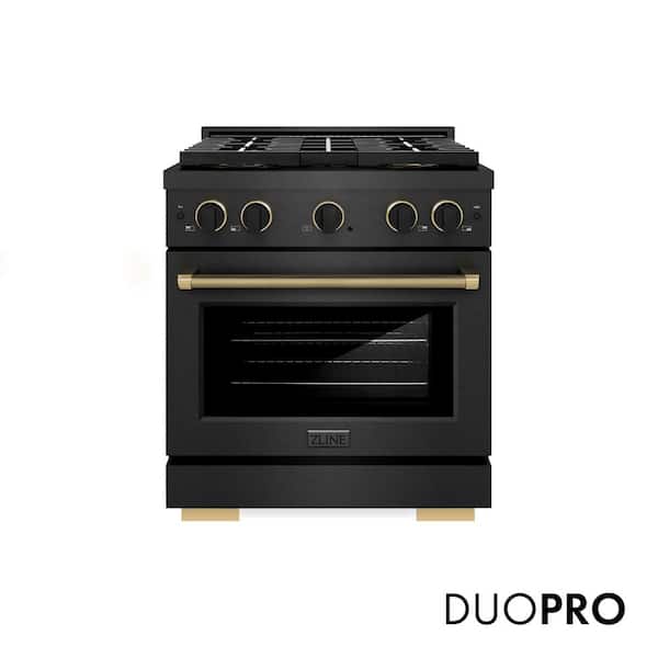 Designer 30 in. 4.2 cu. ft. Gas Range with 4 Burner DuoPro Cooktop in Black Satin with Black and Champagne Accents