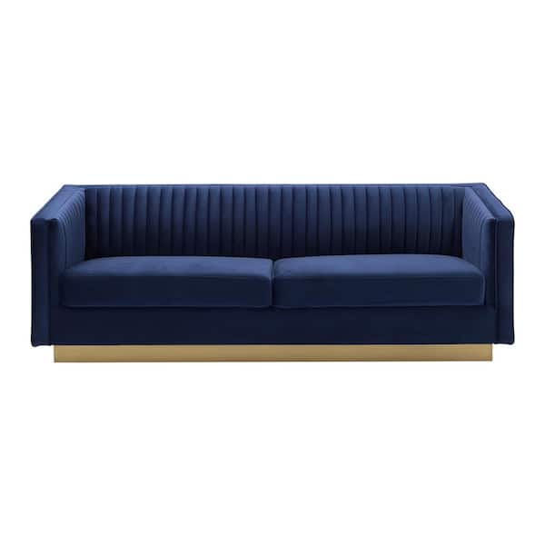 Armen Living Miranda 84 in. Navy Velvet 3-Seater Camelback Sofa with Square Arms