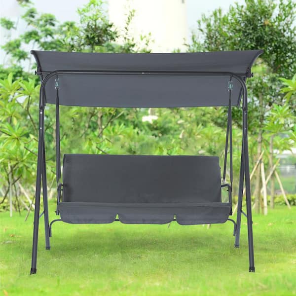 Maincraft 66.9 in. 3-Person Patio Glider Swing Chair with Gray Cushions and Convertible Canopy