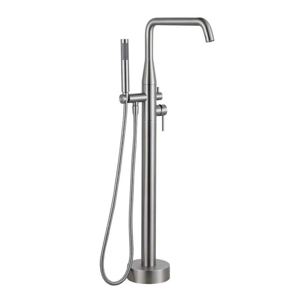 Double Handle Floor Mounted Freestanding Tub Faucet with Handheld Shower in Brushed Nickel price history on PriceWatchPro