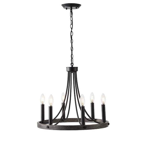 aiwen 6-Light Black Farmhouse Kitchen Island Lighting Round Chandelier Candle Rustic Wagon Wheel Pendant Light