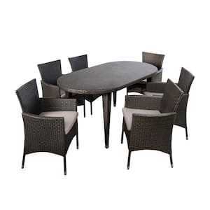 Jax Grey 7-Piece Plastic Oval Outdoor Dining Set with Silver Cushions
