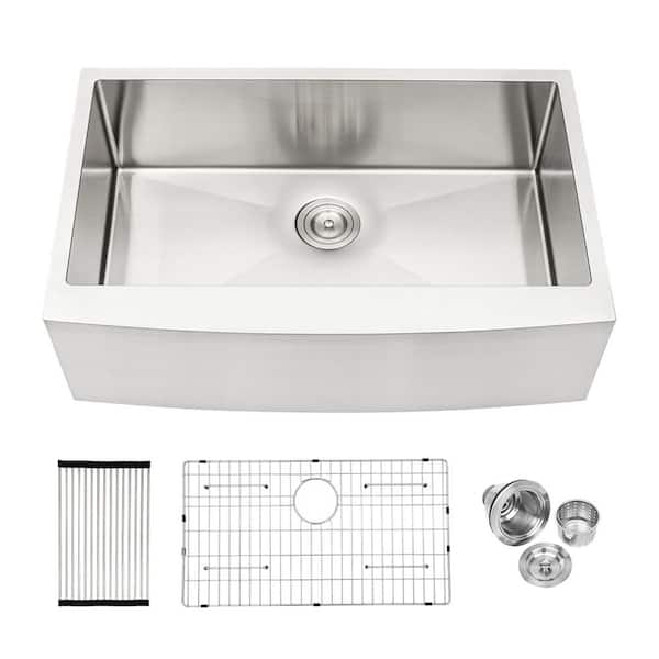 30 in. Apron Front Single Bowl 16 Gauge Brushed Nickel Stainless Steel Kitchen Sink with Drain Strainer, Rack, Grid