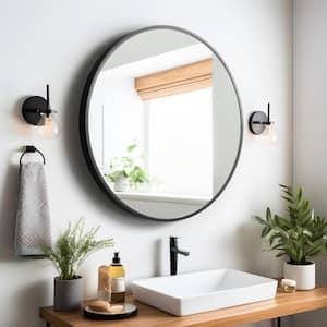 28 in. W x 28 in. H Medium Round Black Metal Framed Modern Wall Vanity Mirror