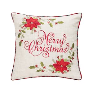 Red Merry Christmas Poinsettias Throw Pillow