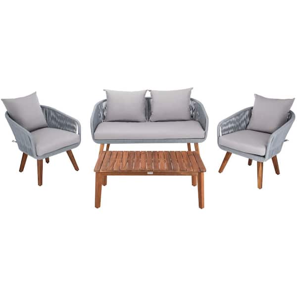 SAFAVIEH Prester Gray 4-Piece Wood Patio Conversation Set with Gray Cushions