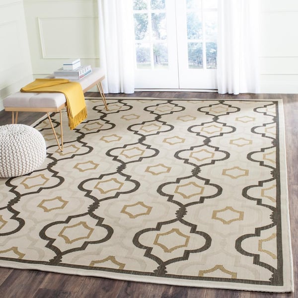 Courtyard Beige/Black 9 ft. x 12 ft. Geometric Indoor/Outdoor Patio  Area Rug