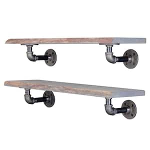 24 in. W x 7.5 in. D x 4.5 in. H Riverstone Grey Live Edge Wood Decorative Wall Shelf with Pipe Brackets (Set of 2)