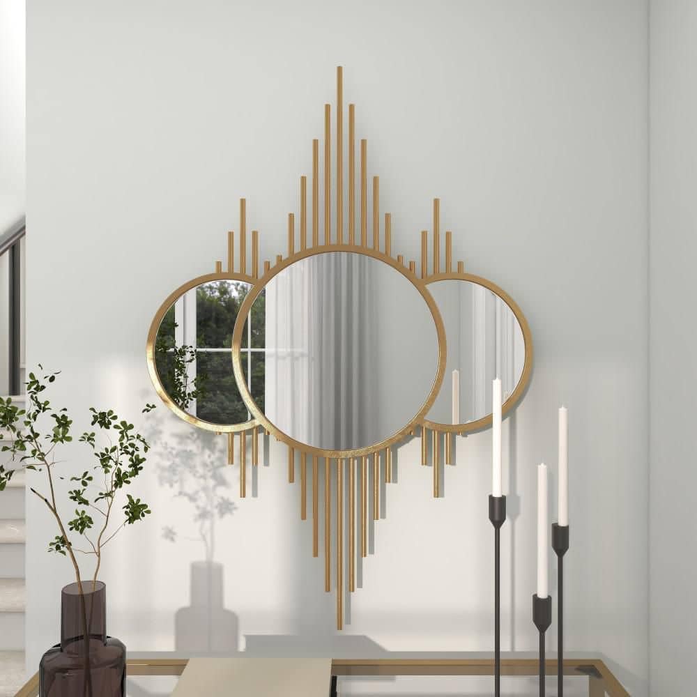 Elegant Sunburst Gold Wall Mirror with Triple Circle Fusion Design, 27" x 39"