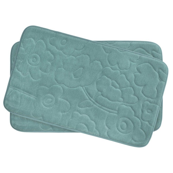 BounceComfort Stencil Floral Marine Blue 17 in. x 24 in. Memory Foam 2-Piece Bath Mat Set