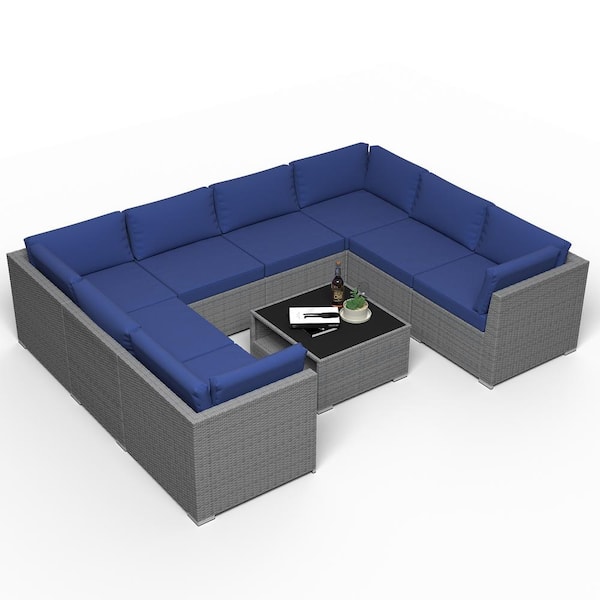 EAGLE PEAK 9-Piece Wicker Outdoor Patio Conversation Seating Sofa Set with Coffee Table, Dark Blue Cushions
