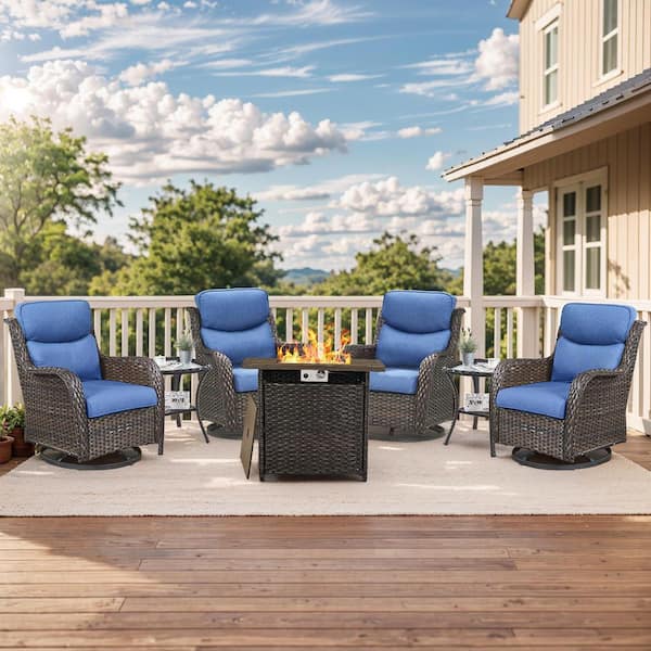 moosprr Luxury Brown Wicker Fire Pit Conversation Set with Olefin Blue Cushions and Patio Swivel Chairs/Side Tables (7-Piece)