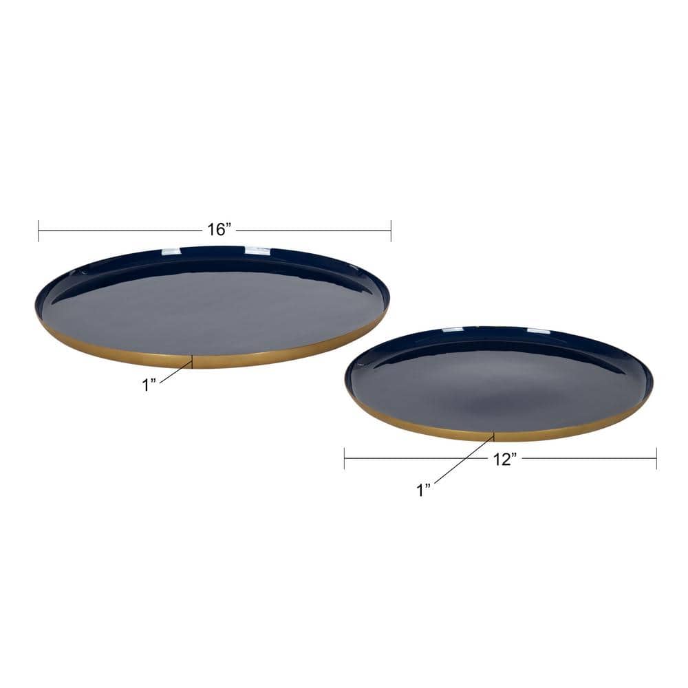 Navy Blue and Gold Round Metal Tray Set, 2 Piece