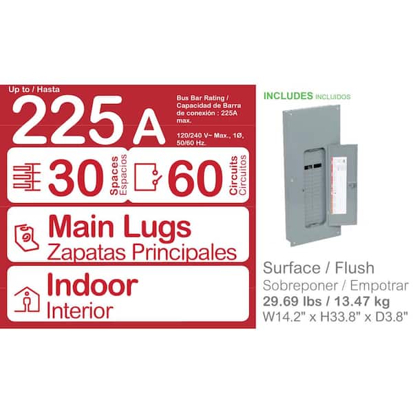 Homeline 225 Amp 30-Space 60-Circuit Indoor Main Lug Plug-On Neutral Load Center with Cover