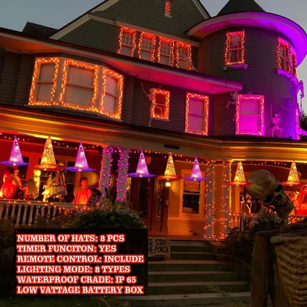Battery Powered String Lights Dazzle Bright 8-Piece Hanging Witch Hat Lights - Waterproof Halloween Decorations With Remote Control Outdoor Halloween Decor