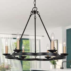 Modern Black Dining Room Chandelier, 6-Light Farmhouse Wagon Wheel Bedroom Chandelier with Gold Candlestick Lights