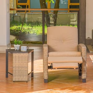 Adjustable Patio Recliner Chair With Rattan Side Table Metal Outdoor Reclining Lounge Chair with Beige Cushions