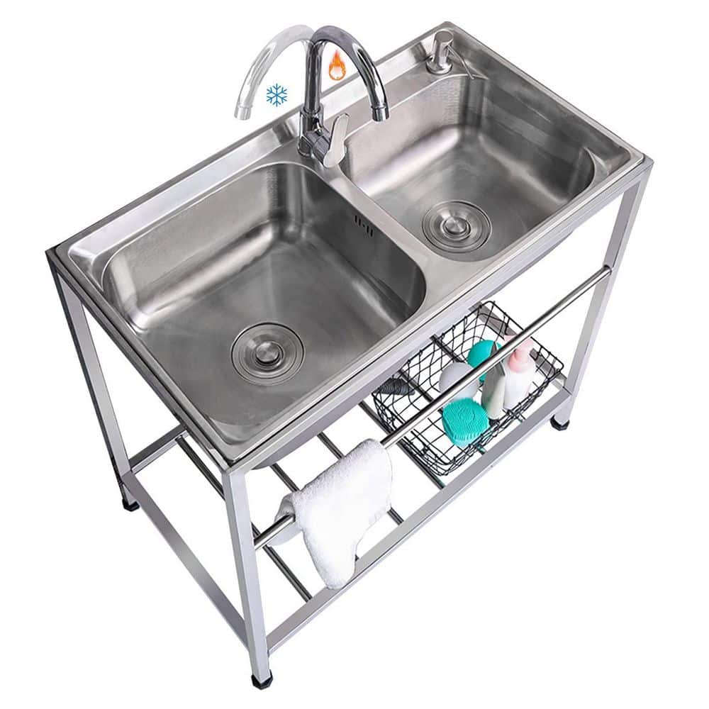 17.3 in. D x 36.6 in. W Free Standing Stainless Steel Double Bowl Sink with Hot and Cold Faucet for Laundry ,Cafe Bar price history on PriceWatchPro