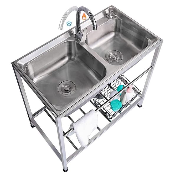 17.3 in. D x 36.6 in. W Free Standing Stainless Steel Double Bowl Sink with Hot and Cold Faucet for Laundry ,Cafe Bar