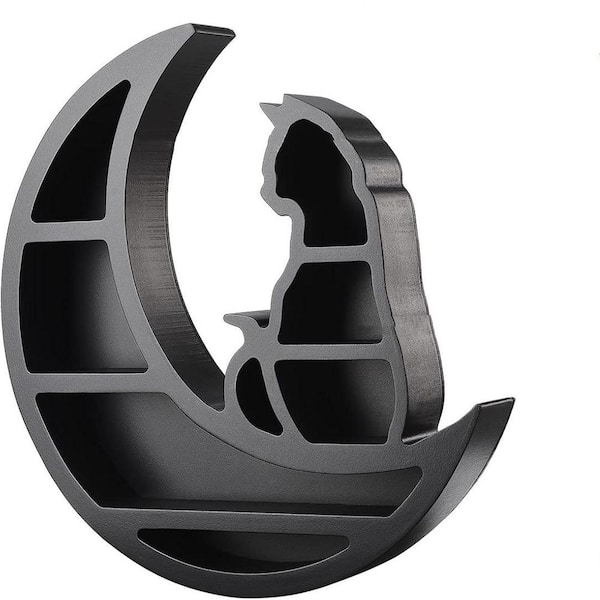 13.8 in. W x 2.2 in. D Black Cat on the Moon Wooden Floating Shelves Decorative Wall Shelf