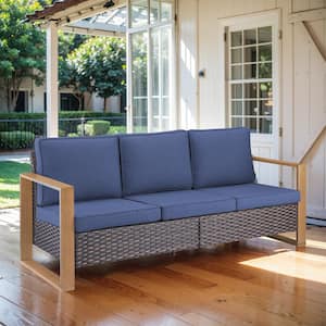 Rectangular Framed Armrest 3-Seat Brown Wicker Outdoor Patio Sofa Couch with Deep Seating, Blue Fade-Resistant Cushions
