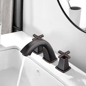 SWUP 8 in. Widespread Double Cross Handle Bathroom Faucet Combo Kit with Drain Included and Pop Up Drain in Matte Black