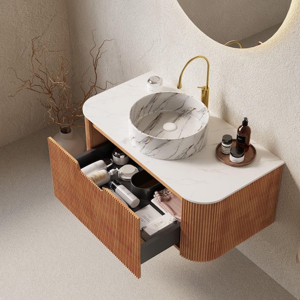 36 in. Single Sink Wall Mounted Natural Bath Vanity with White Stone Top and Drawer Storage Cabinet Assembled
