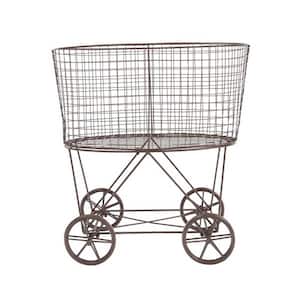 Vintage Reproduction Metal Laundry Basket on Wheels in Rust