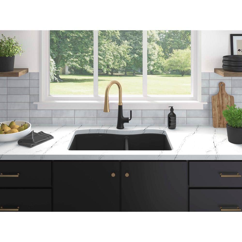 Matte Black Granite Composite Double Bowl Drop-In Kitchen Sink