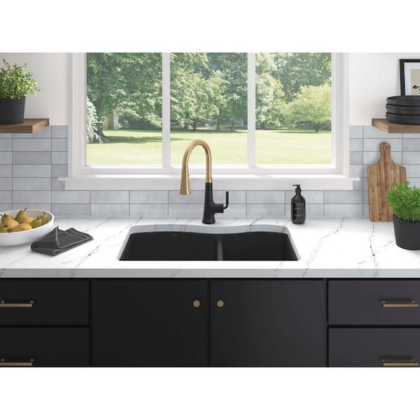 Kennon Drop-In Neoroc Granite Composite 33 in. 1-Hole Double Bowl Kitchen Sink in Matte Black with Basin Rack