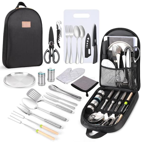 27-Piece Portable Stainless Steel Camping Cookware Set in Black, Outdoor Cooking and Grilling Utensil Organizer Set