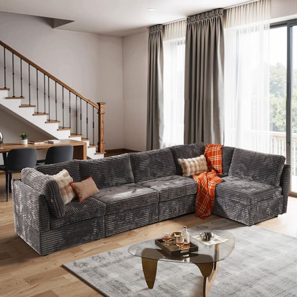CUKE 127 in. Wide 5-Piece Modern Deep Seat Plush Corduroy L-Shape Modular Sectional Sofa Couch in Gray