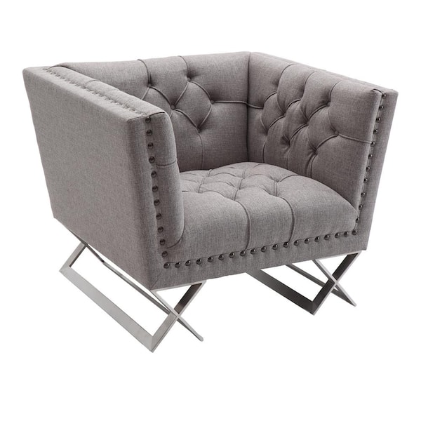 Armen Living Odyssey Grey in Brushed Steel with Tweed Upholstery and Black Nail Heads Sofa Chair