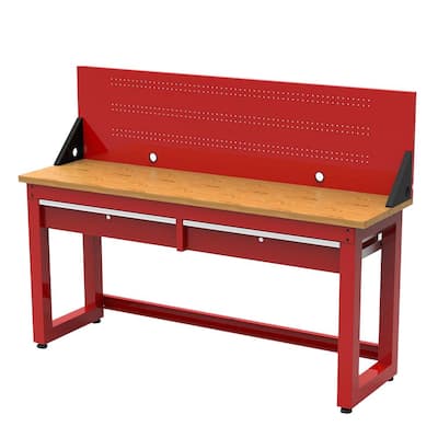 Ready-to-Assemble 72 in. Solid Wood Top 2-Drawer Workbench in Red