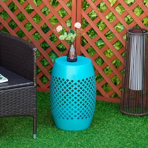 Blue Round Steel Outdoor Side Table with Hollow Drum Design, Accent Table for Outdoor and Indoor Use