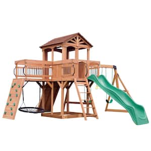 Sterling Point All Cedar Wood Children's Swing Set Playset w/ Elevated Clubhouse Balcony Web Swing and Green Wave Slide