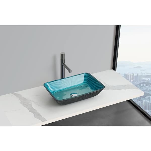 castellousa Arete 18 in. Modern Stripe Blue Tempered Glass Crystal Rectangular Vessel Sink