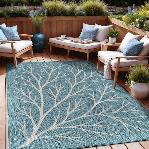 Flora Aqua 10 ft. x 14 ft. Coral Branch Washable Indoor Outdoor Area Rug