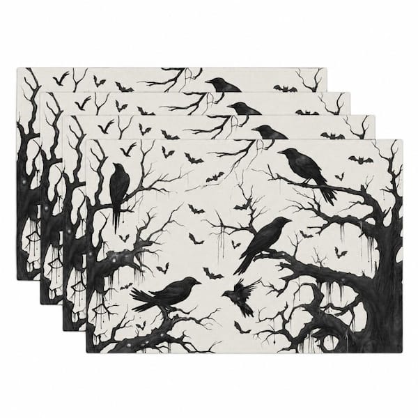Halloween Crow Linen Placemats Set of 4, 18 x 12 in, Ravens and Bats Forest Table Mats