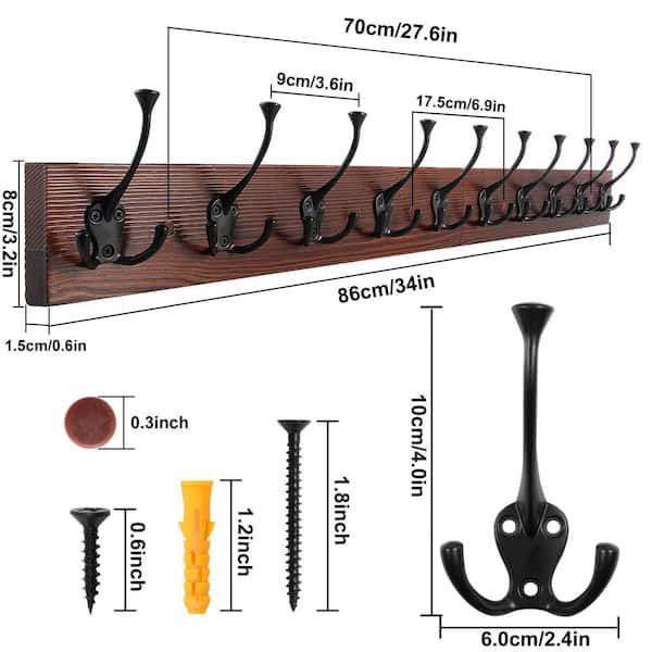 Wall Mounted Coat Rack with 10 Decorative J-Hooks, 34 Inch Long Rustic Bathroom Robe/Towel Hook in Brown