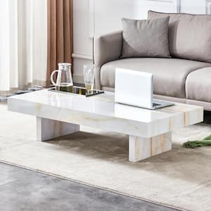 47 in. White Rectangle MDF Marble Top Coffee Table with Metal Storage Organizer
