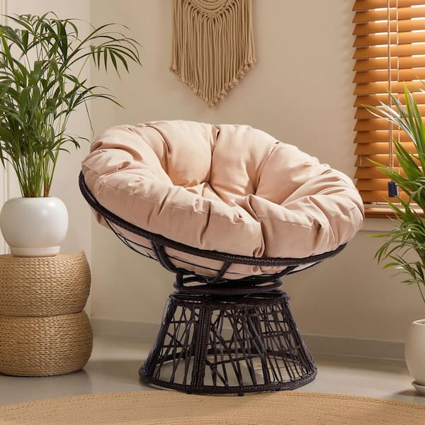 Karl home Brown Wicker Papasan Chair Set of 1 with Beige Cushion