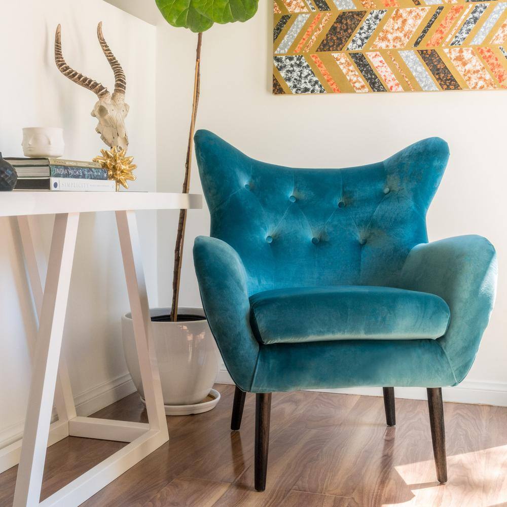 Dark Teal Velvet Wingback Accent Chair with Wood Legs