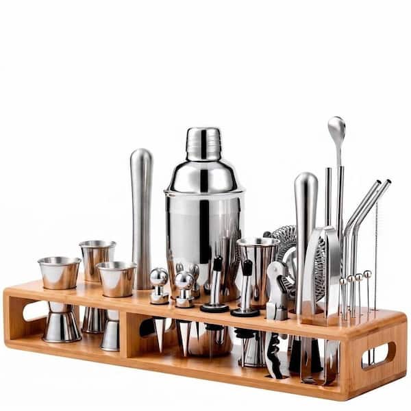 25-Piece Stainless Steel Cocktail Making Set with Boston Shaker Jigger Muddlers and Bamboo Stand Kit