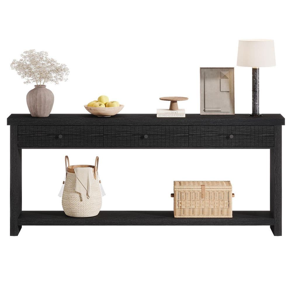 Turrella BYBLIGHT Turrella 70.9 in. Rectangle Black Sofa Table, 2-Tier Wood ...