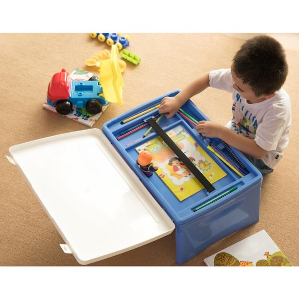 Basicwise Blue and White Kids Portable Fold-able Plastic Lap Tray