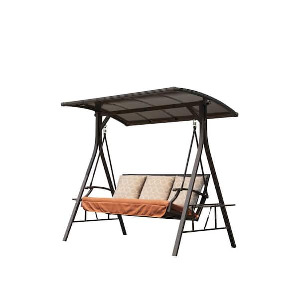 Sudzendf 3 Person Black Patio Porch Swing Adjustable Canopy with 3 Yellow Sunbrella Cushions